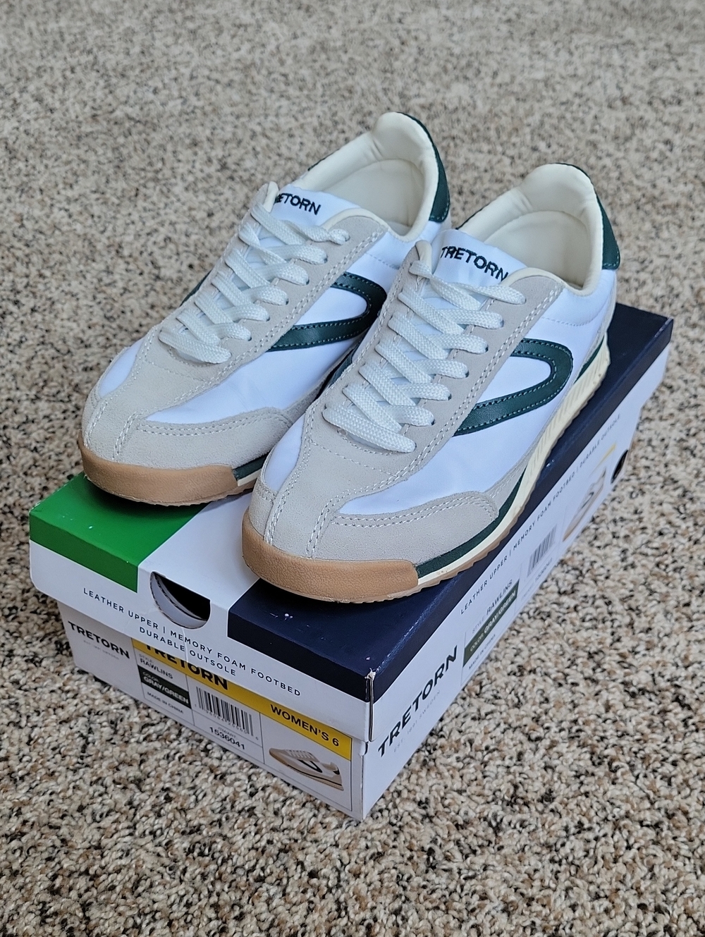 Tretorn Women’s White Sneakers with Green Stripe and Tan Sole